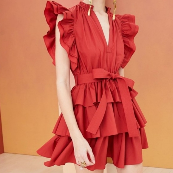 Ulla Johnson Hornoria Mini Dress Ruffle Red Cotton Size 8 - Picture 2 of 8